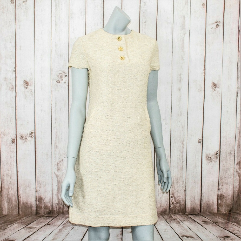 TORY BURCH Metallic Gold Tweed Sheath Dress